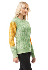 WP266 Damen Strickpullover – Zopfmuster Pullover mit Farbblock-Design & Rundhalsausschnitt | Kreativer Casual-Look für Alltag & Freizeit