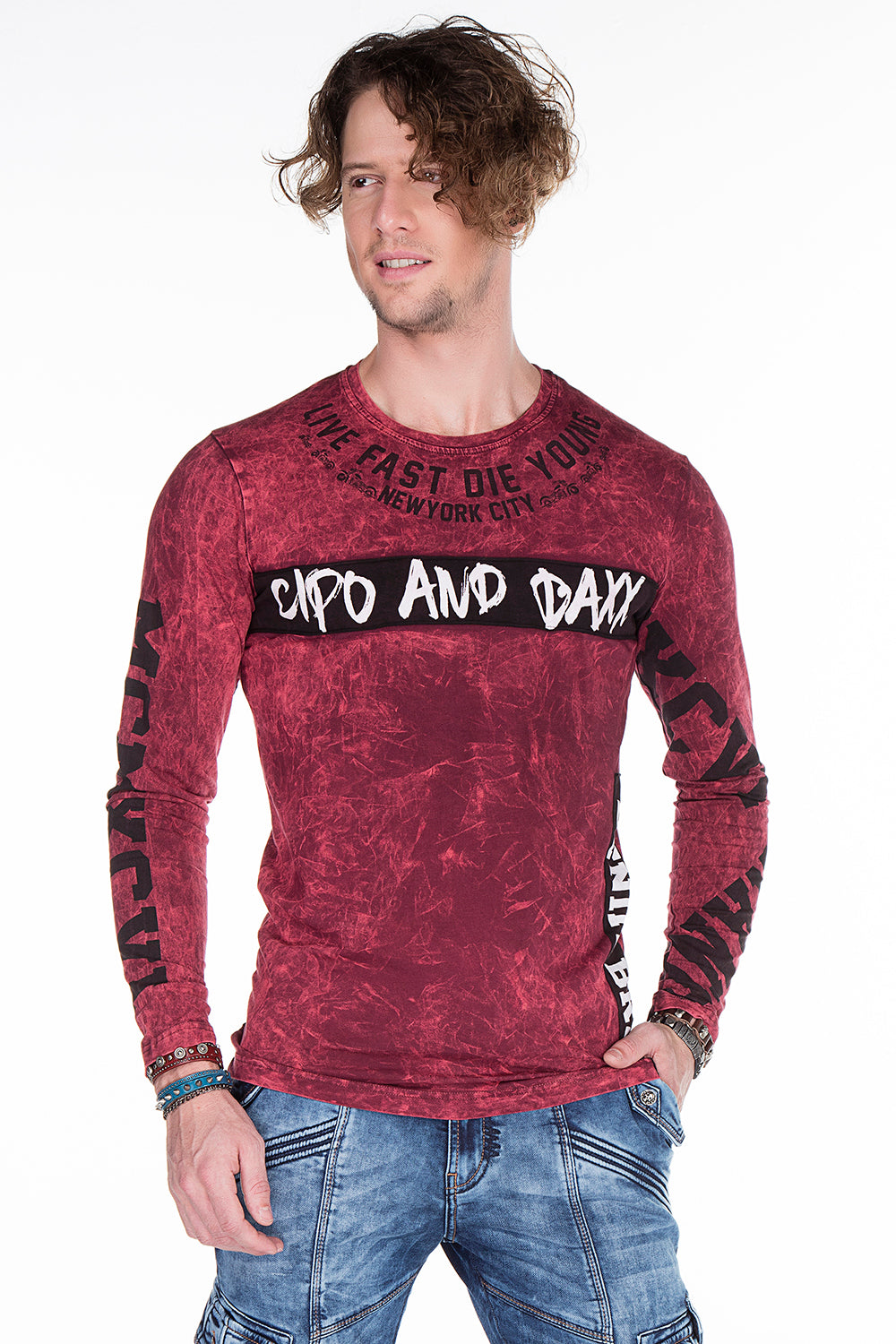CL254 Herren Sweatshirt– Grüner Langarm Pullover mit Street Denim Print