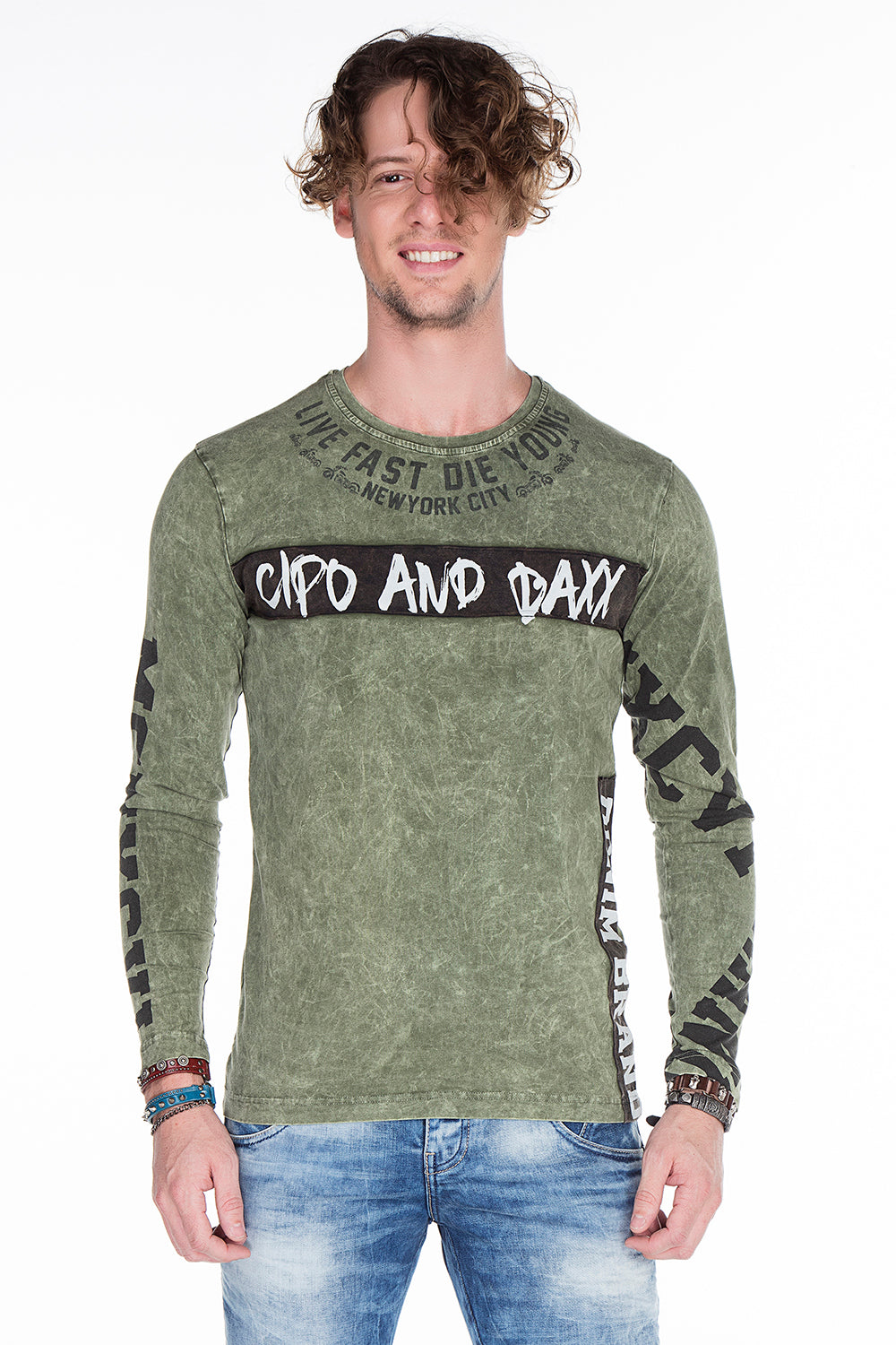 CL254 Herren Sweatshirt– Grüner Langarm Pullover mit Street Denim Print