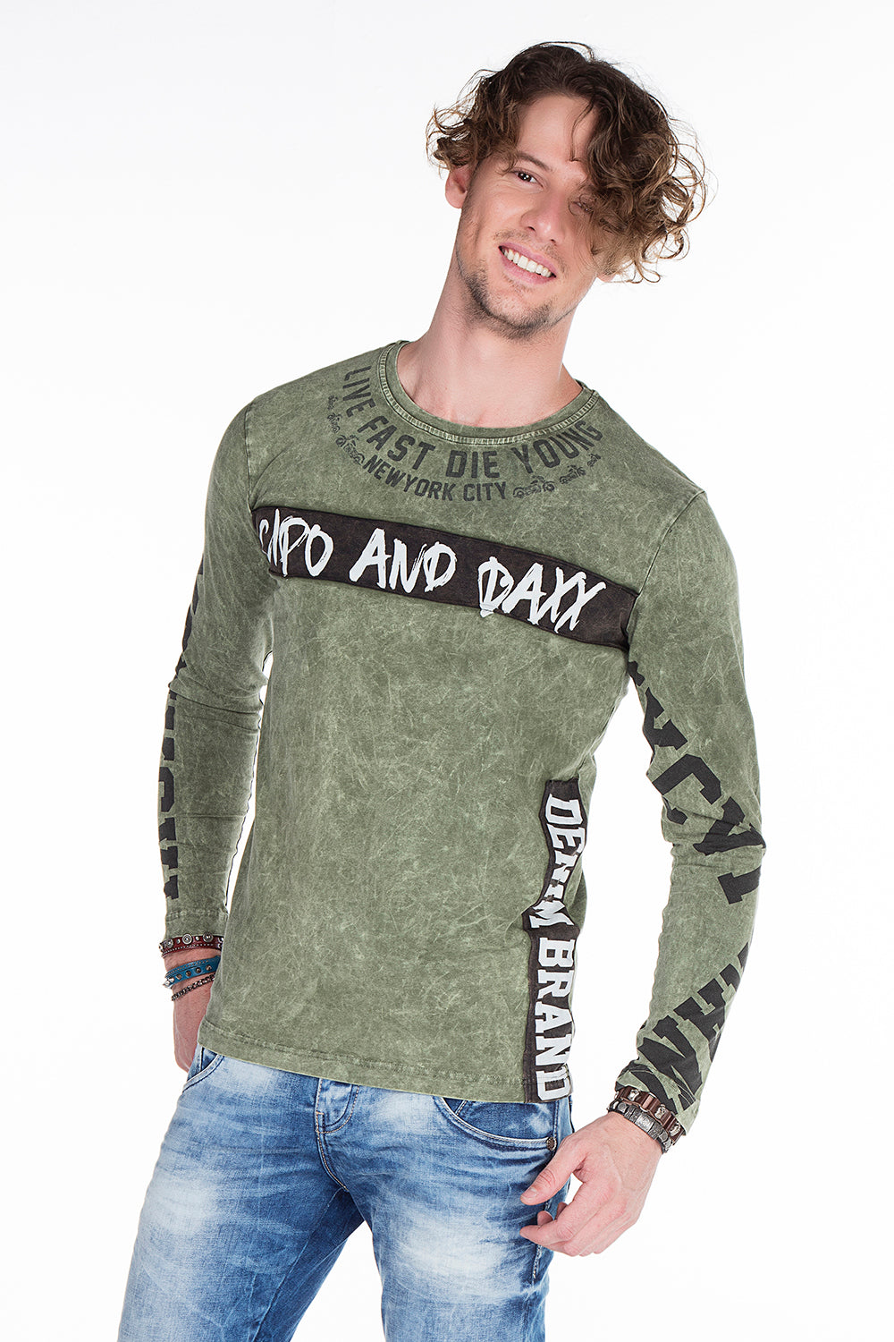 CL254 Herren Sweatshirt– Grüner Langarm Pullover mit Street Denim Print