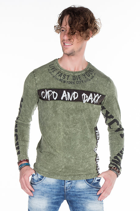 CL254 Herren Sweatshirt– Grüner Langarm Pullover mit Street Denim Print