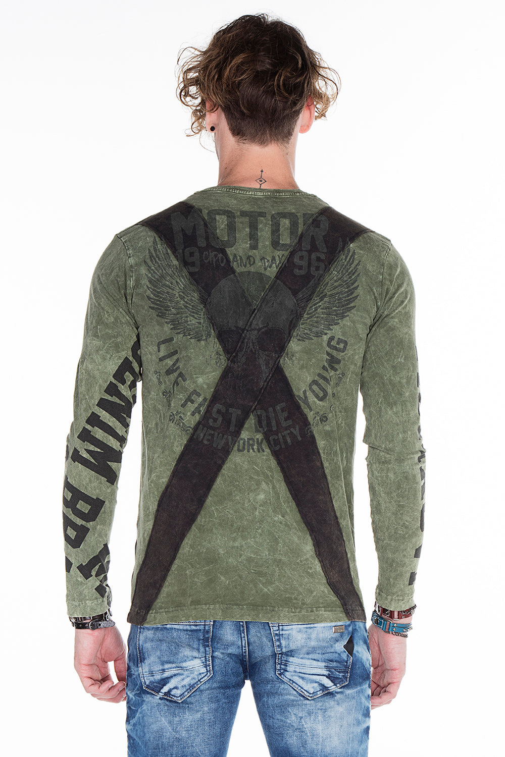 CL254 Herren Sweatshirt– Grüner Langarm Pullover mit Street Denim Print