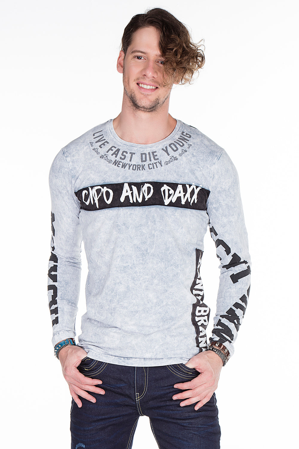 CL254 Herren Sweatshirt– Grüner Langarm Pullover mit Street Denim Print
