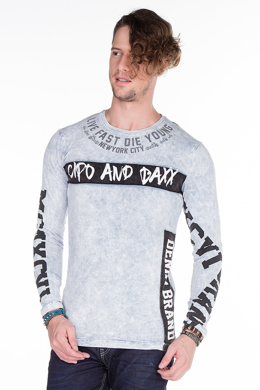 CL254 Herren Sweatshirt– Grüner Langarm Pullover mit Street Denim Print