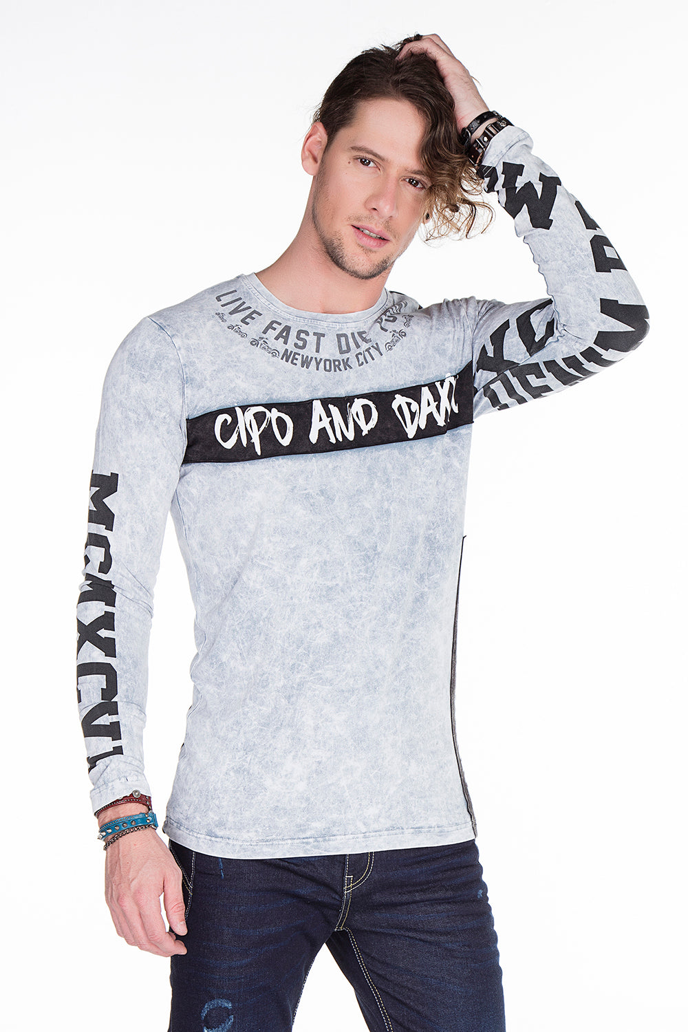 CL254 Herren Sweatshirt– Grüner Langarm Pullover mit Street Denim Print