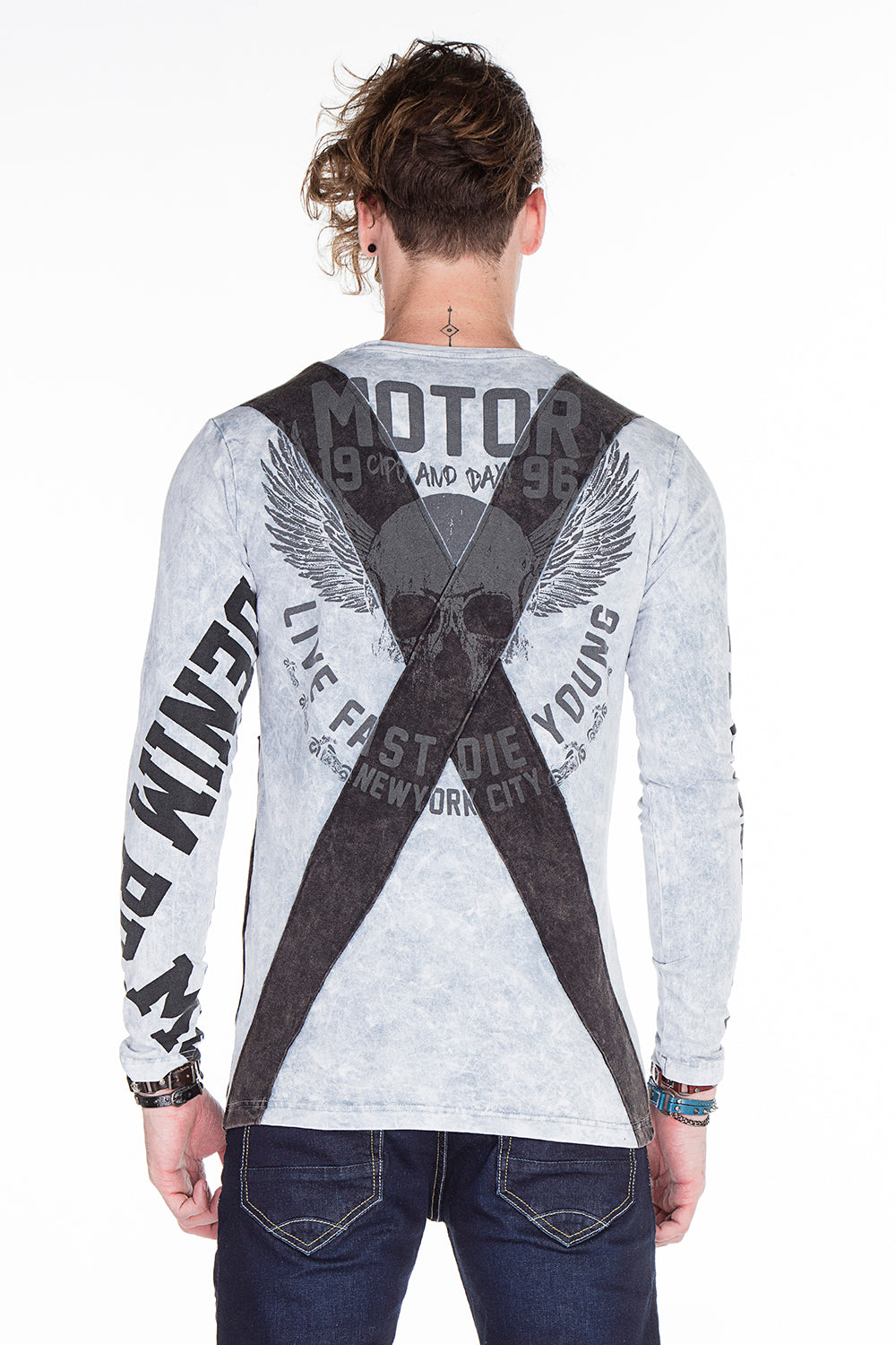 CL254 Herren Sweatshirt– Grüner Langarm Pullover mit Street Denim Print