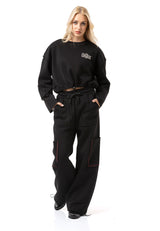 WL370 Mujer Cropped Sudadera – Suéter corto negro con cordón y estampado de logo | Look de streetwear estiloso para el día a día y el ocio