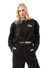 WL370 Mujer Cropped Sudadera – Suéter corto negro con cordón y estampado de logo | Look de streetwear estiloso para el día a día y el ocio