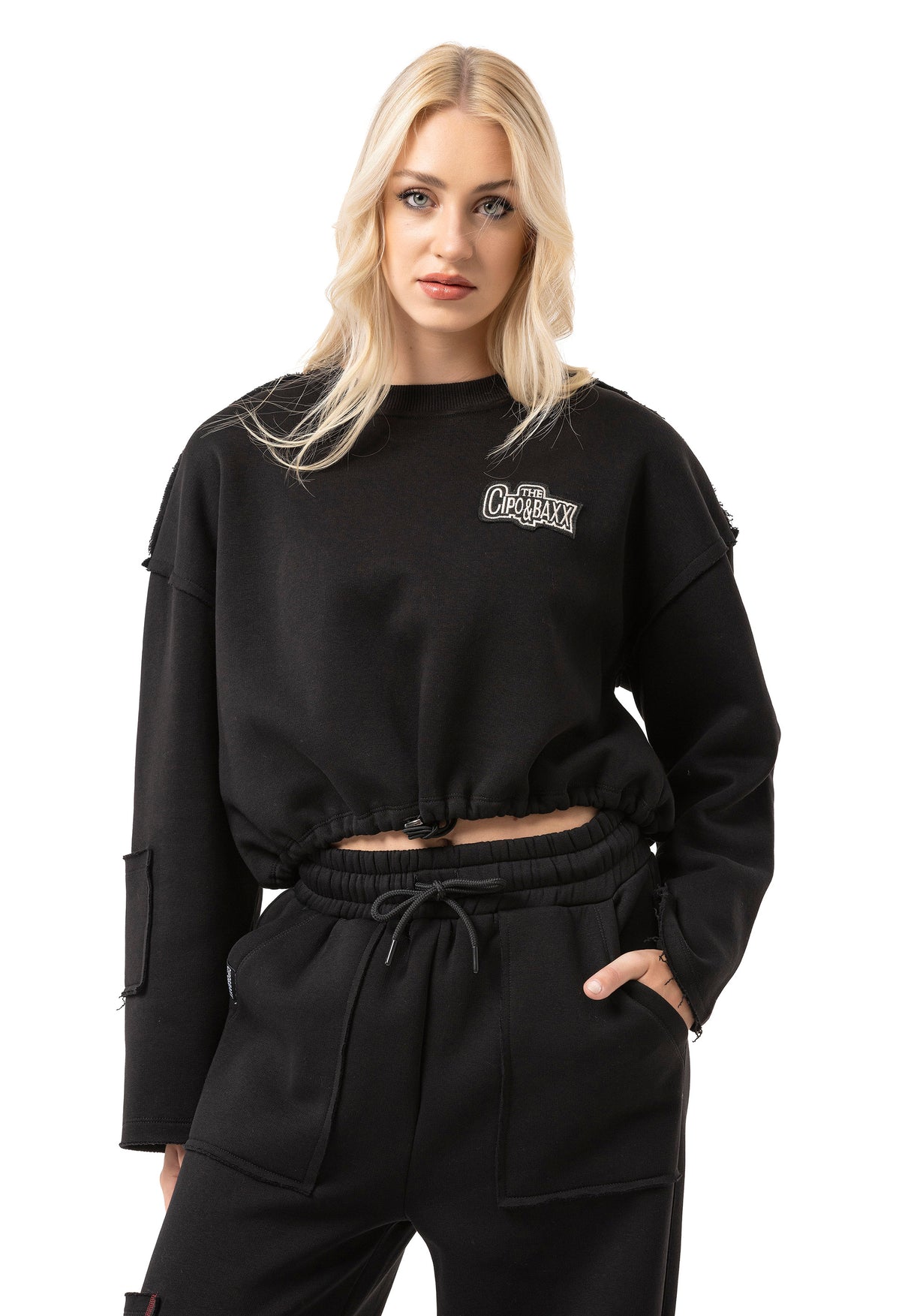 WL370 Mujer Cropped Sudadera – Suéter corto negro con cordón y estampado de logo | Look de streetwear estiloso para el día a día y el ocio