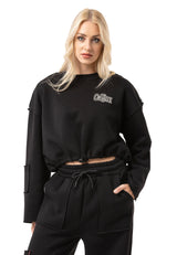 WL370 Mujer Cropped Sudadera – Suéter corto negro con cordón y estampado de logo | Look de streetwear estiloso para el día a día y el ocio