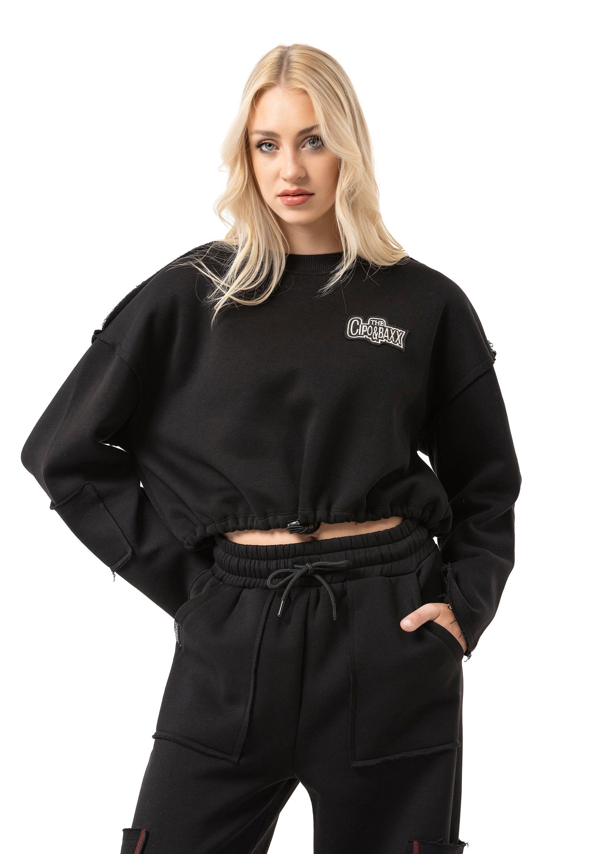 WL370 Mujer Cropped Sudadera – Suéter corto negro con cordón y estampado de logo | Look de streetwear estiloso para el día a día y el ocio