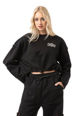 WL370 Mujer Cropped Sudadera – Suéter corto negro con cordón y estampado de logo | Look de streetwear estiloso para el día a día y el ocio