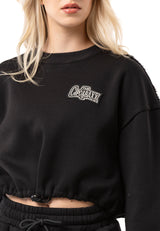 WL370 Mujer Cropped Sudadera – Suéter corto negro con cordón y estampado de logo | Look de streetwear estiloso para el día a día y el ocio