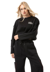WL370 Mujer Cropped Sudadera – Suéter corto negro con cordón y estampado de logo | Look de streetwear estiloso para el día a día y el ocio