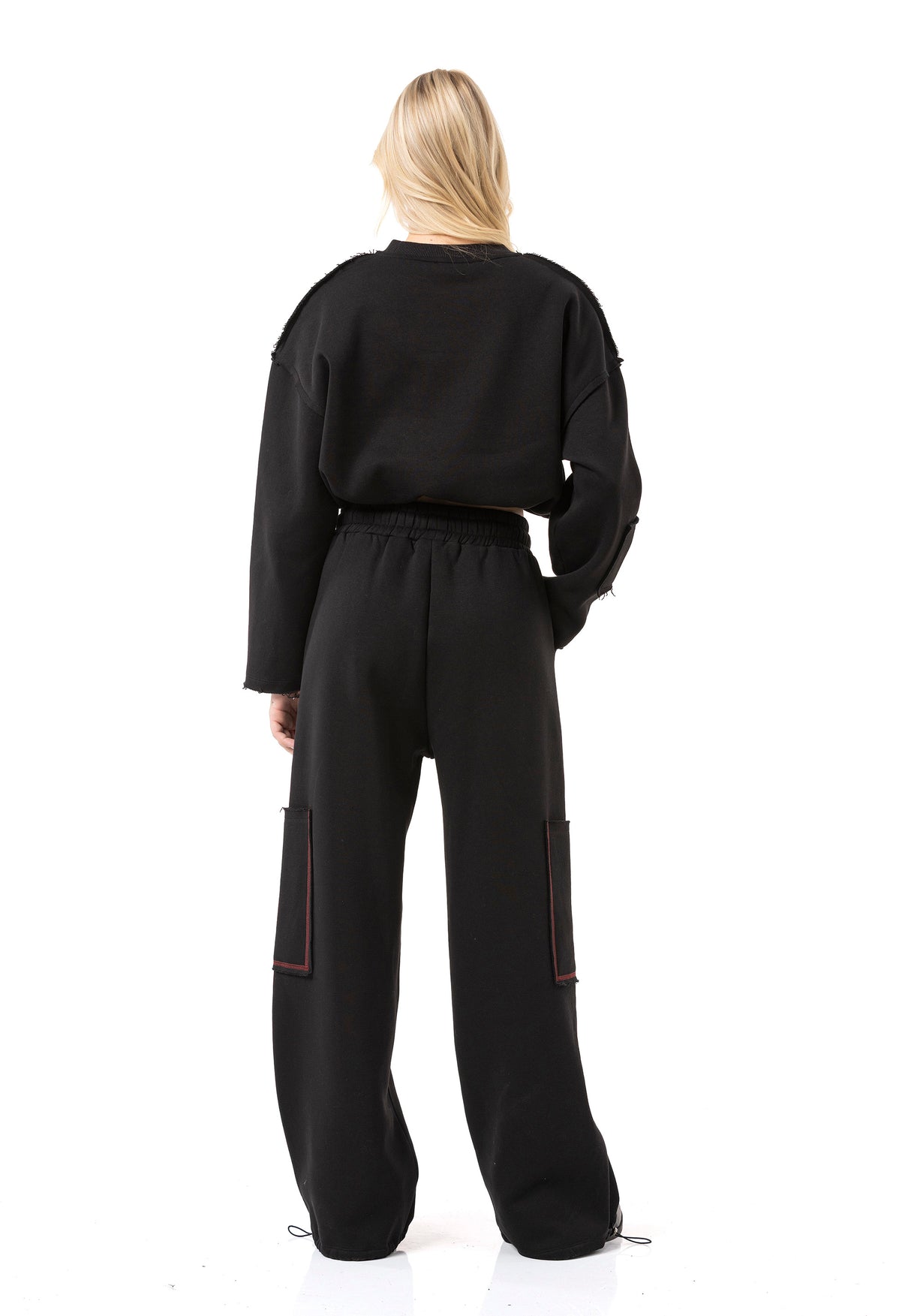 WL370 Mujer Cropped Sudadera – Suéter corto negro con cordón y estampado de logo | Look de streetwear estiloso para el día a día y el ocio