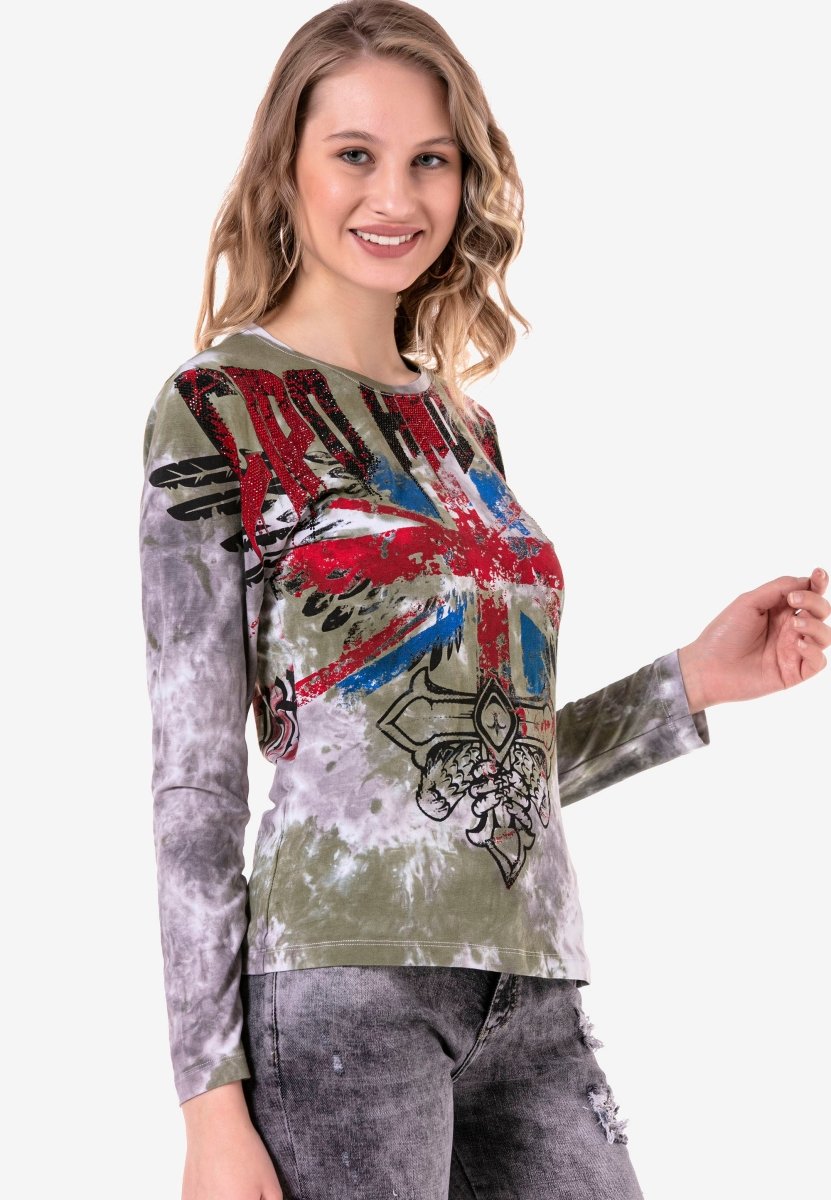 WL282 Damen Langarmshirt mit trendigen Glitzersteinchen