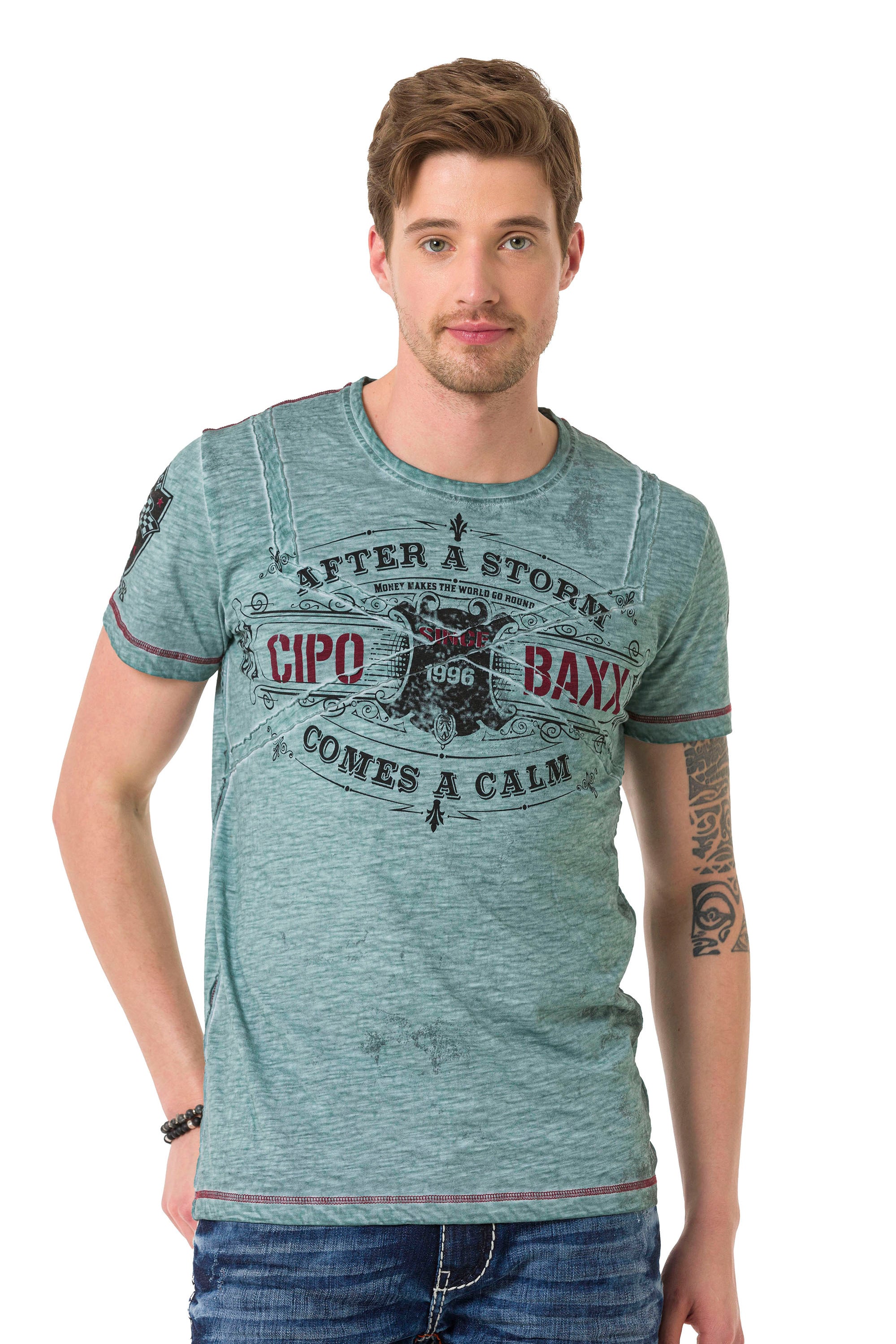 CT703 T-shirt Maschile con Look Vintage
