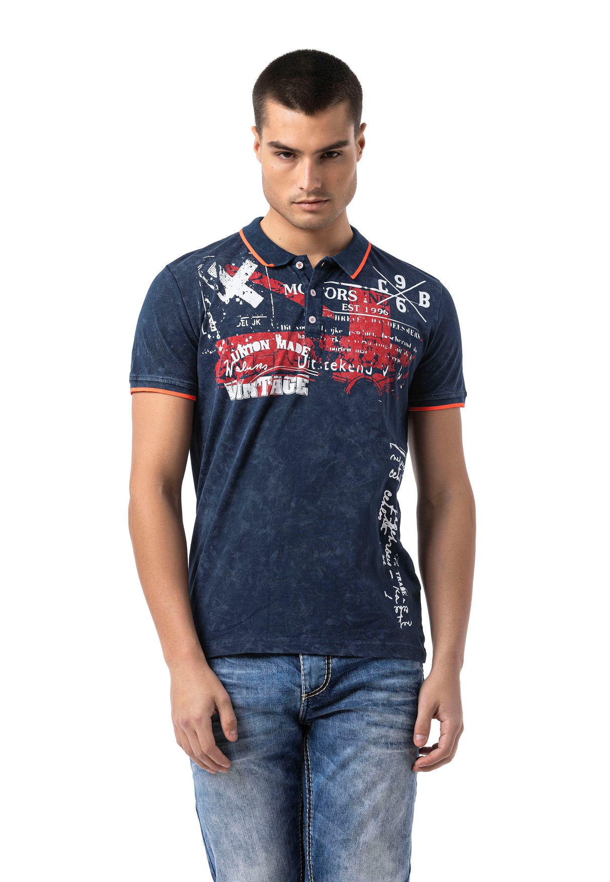 CT795 Herren Polo T-Shirt mit Print und Waschung – Regular Fit