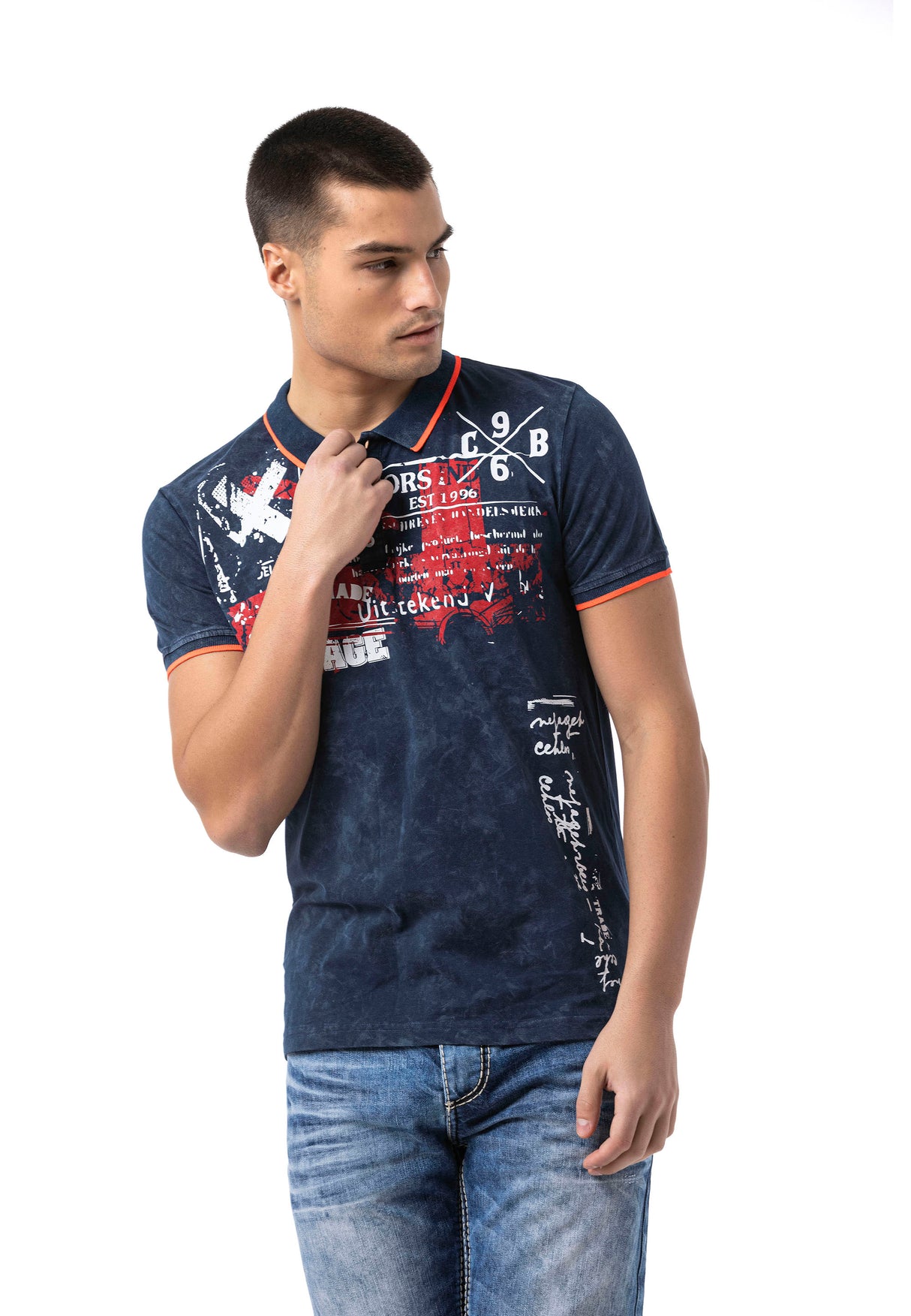 CT795 Herren Polo T-Shirt mit Print und Waschung – Regular Fit