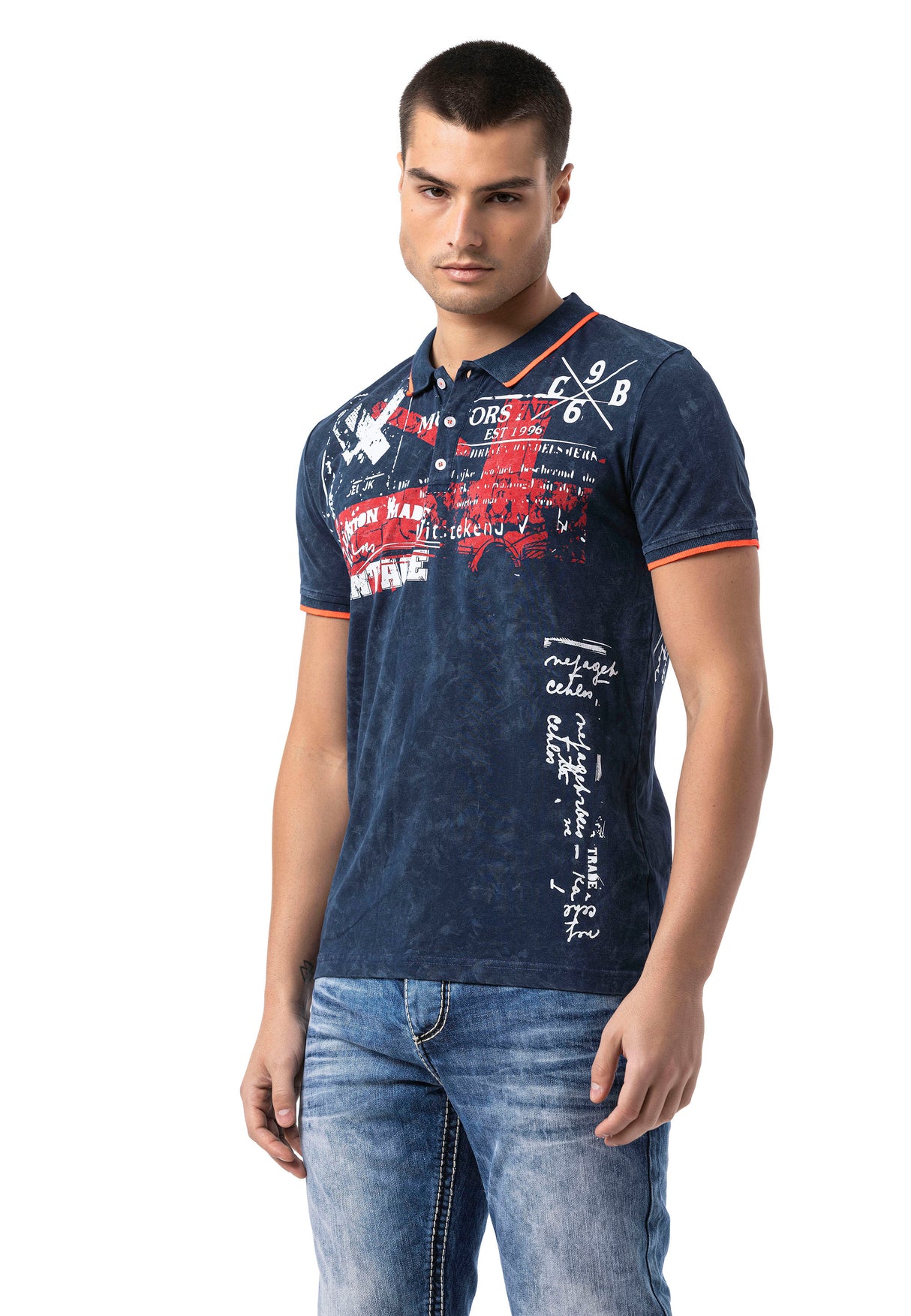 CT795 Herren Polo T-Shirt mit Print und Waschung – Regular Fit