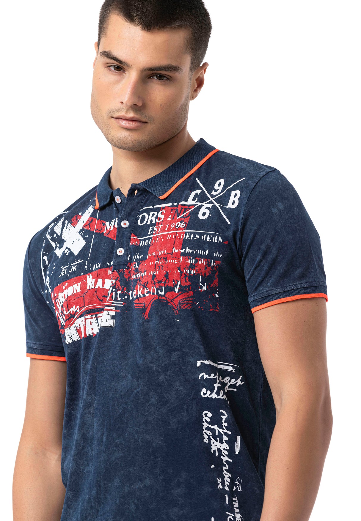 CT795 Herren Polo T-Shirt mit Print und Waschung – Regular Fit