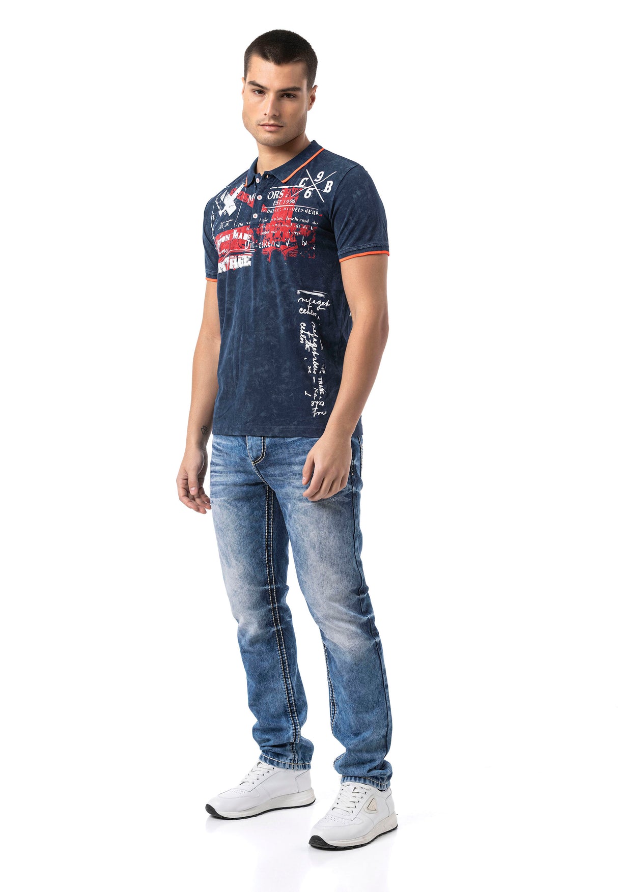 CT795 Herren Polo T-Shirt mit Print und Waschung – Regular Fit