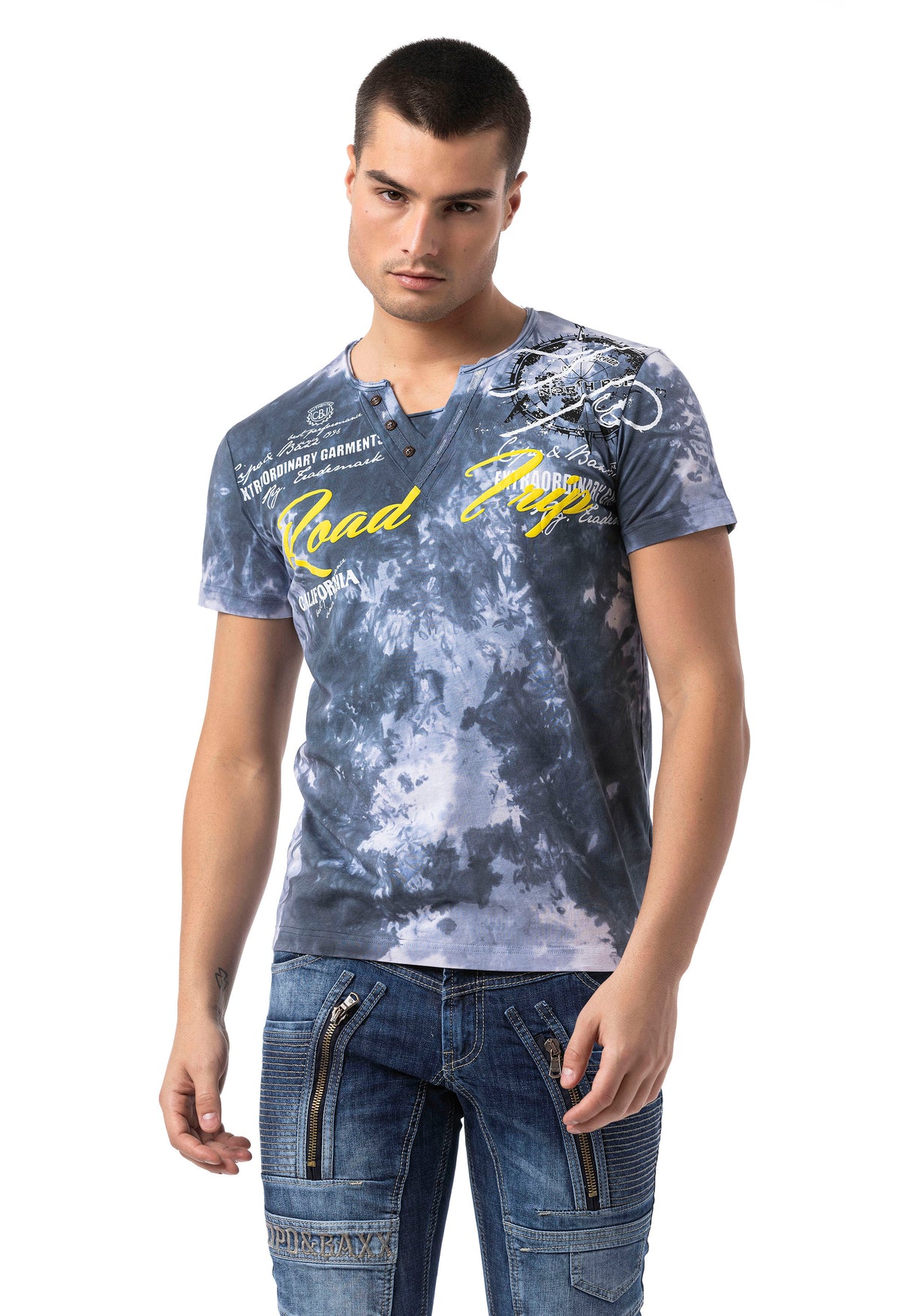 CT804-Herren T-Shirt mit Print-Waschung – Regular Fit