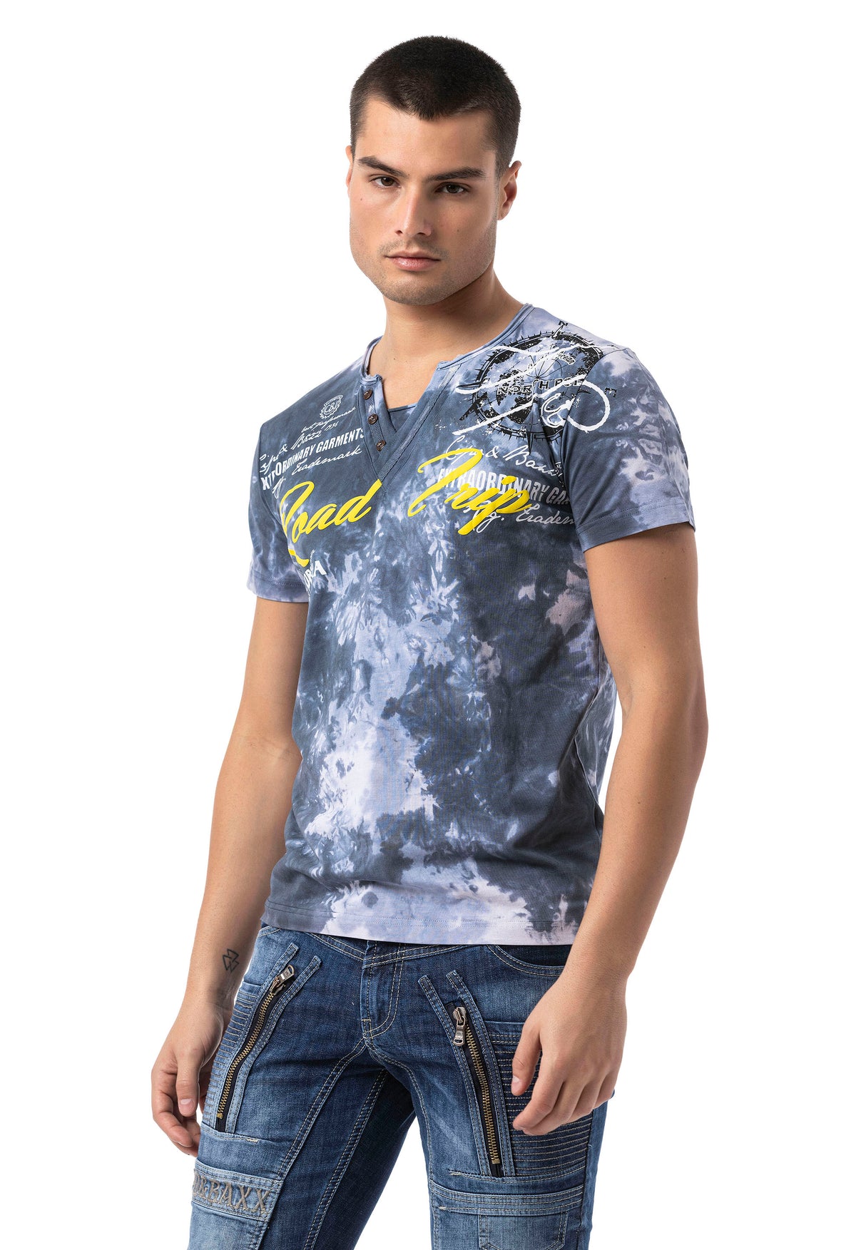 CT804-Herren T-Shirt mit Print-Waschung – Regular Fit