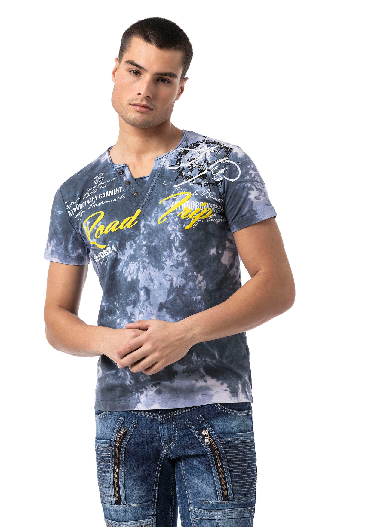 CT804-Herren T-Shirt mit Print-Waschung – Regular Fit