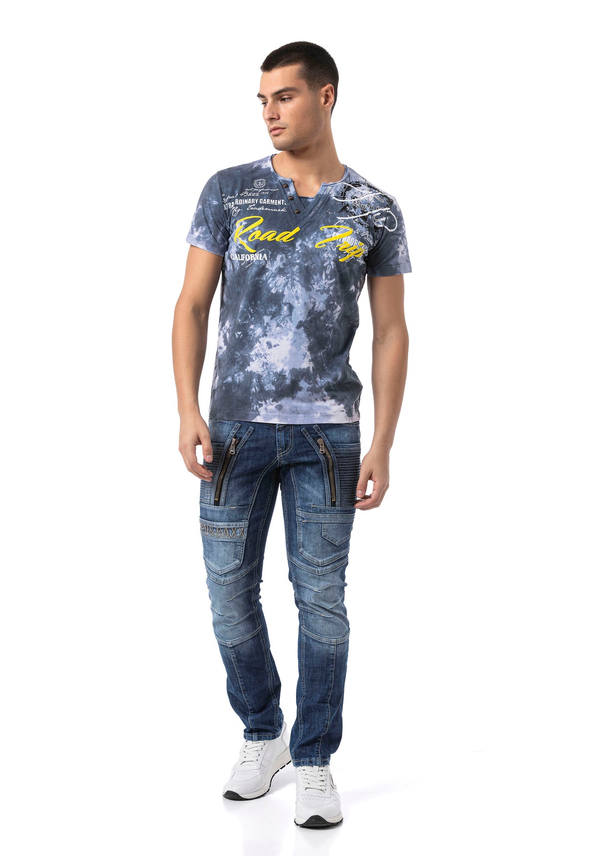 CT804-Herren T-Shirt mit Print-Waschung – Regular Fit