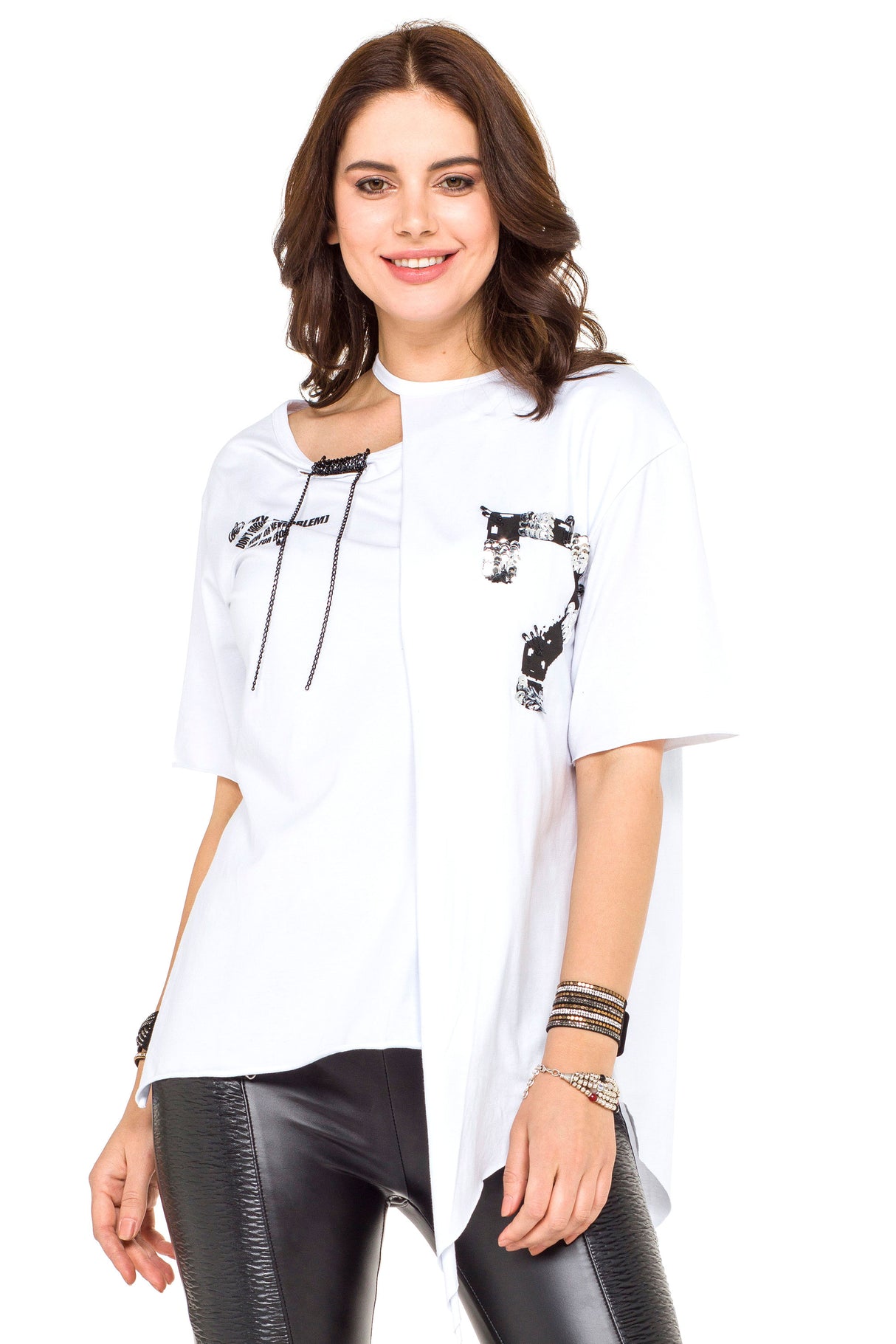 WT239 Damen Shirt mit Cut-Out & Pailletten-Detail