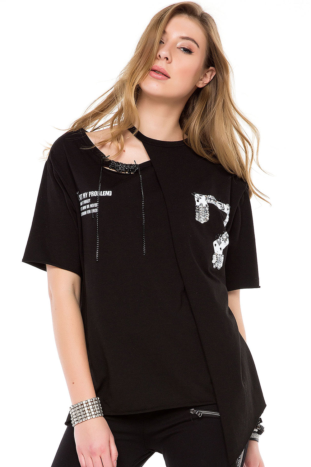 WT239 Damen Shirt mit Cut-Out & Pailletten-Detail