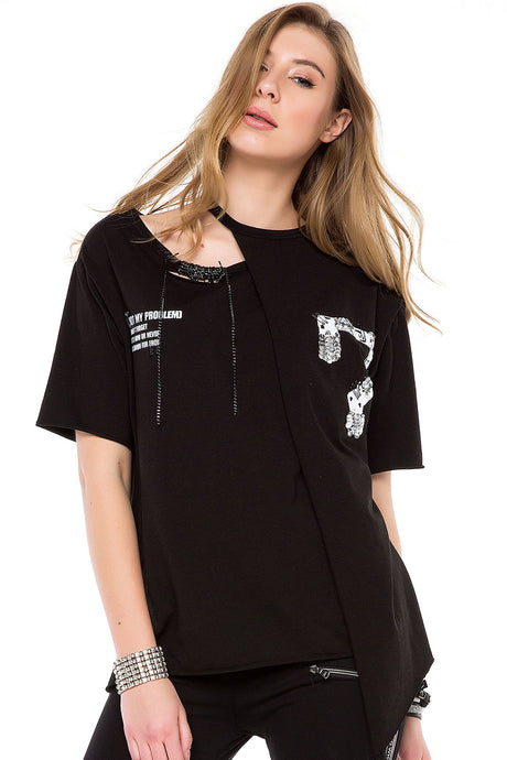 WT239 Damen Shirt mit Cut-Out & Pailletten-Detail
