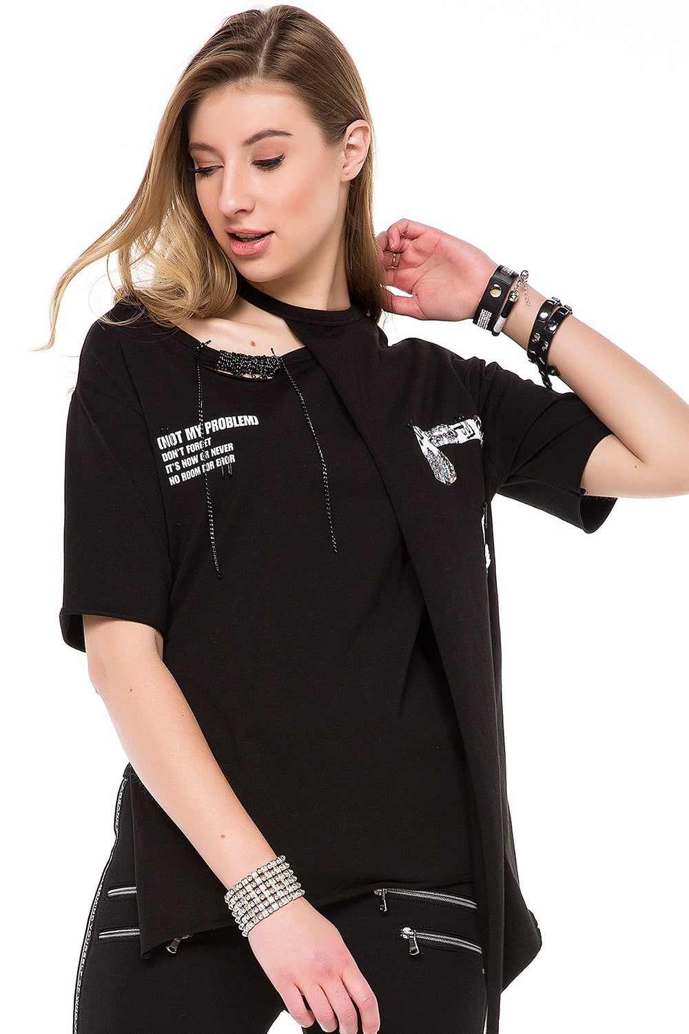 WT239 Damen Shirt mit Cut-Out & Pailletten-Detail