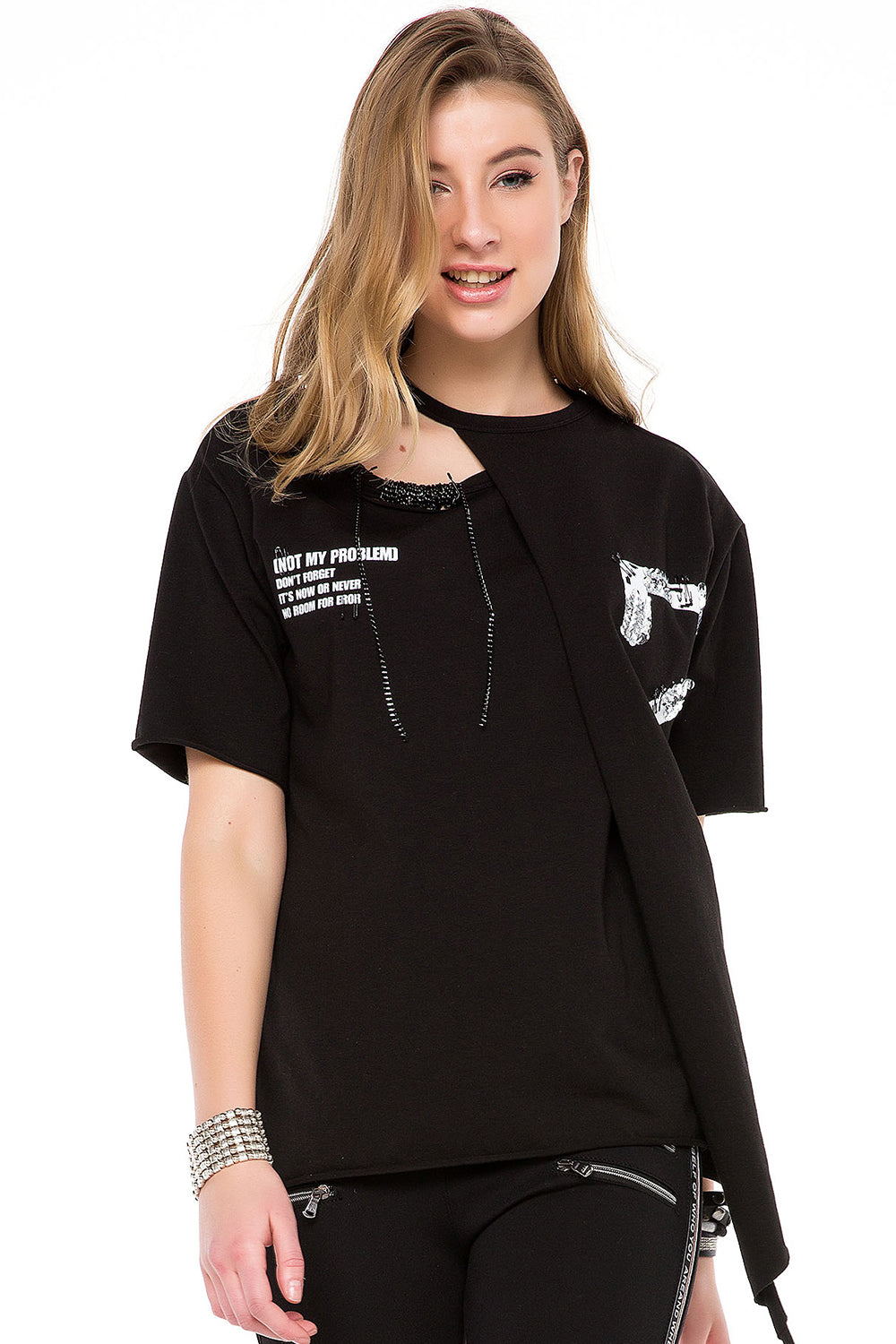 WT239 Damen Shirt mit Cut-Out & Pailletten-Detail