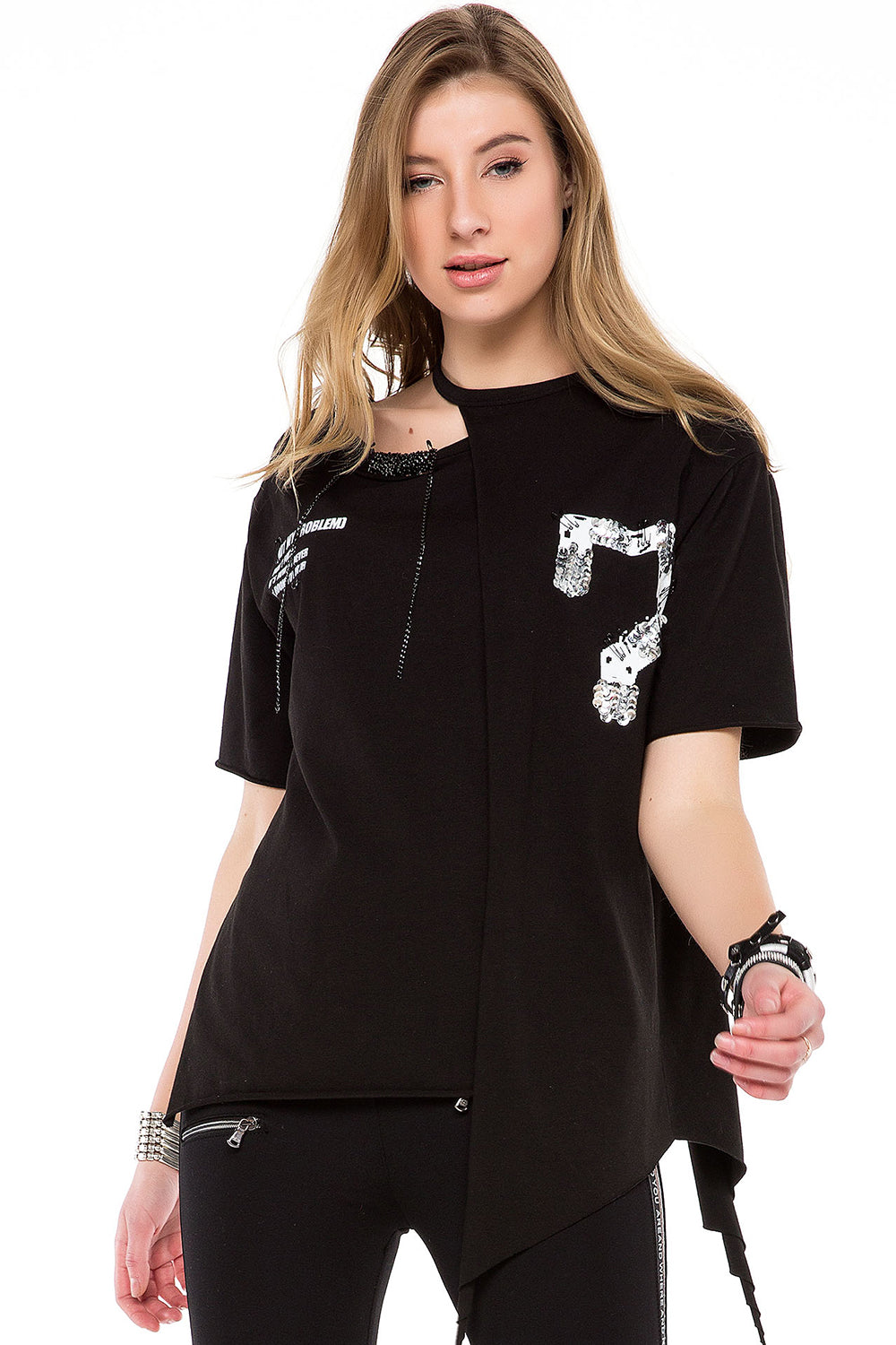 WT239 Damen Shirt mit Cut-Out & Pailletten-Detail