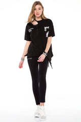 WT239 Damen Shirt mit Cut-Out & Pailletten-Detail