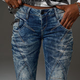 WD175 Jeans de ajuste delgado de mujeres con costuras decorativas en forma recta