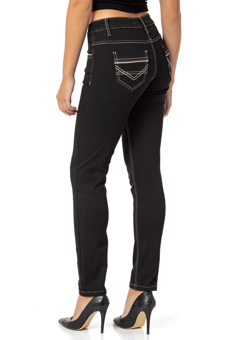 WD256 Damen Slim-Fit-Jeans mit bestickten Taschen in