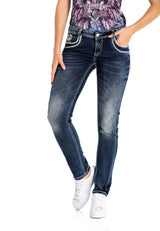 WD259 Jeans pour femmes délavés avec des coutures colorées en mode décontracté