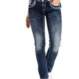 WD259 Damen Jeans Stonewashed mit Farbigen Nähten in Casual