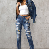 WD298 Women Comfortable Jeans with fashionable tapes