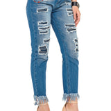 WD304 Damen bequeme Jeans mit besonderem Cut-Out-Look
