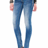 WD343 Damen Röhrenjeans mit Stickereien auf den Gesäßtaschen