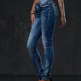 WD343 Damen Röhrenjeans mit Stickereien auf den Gesäßtaschen