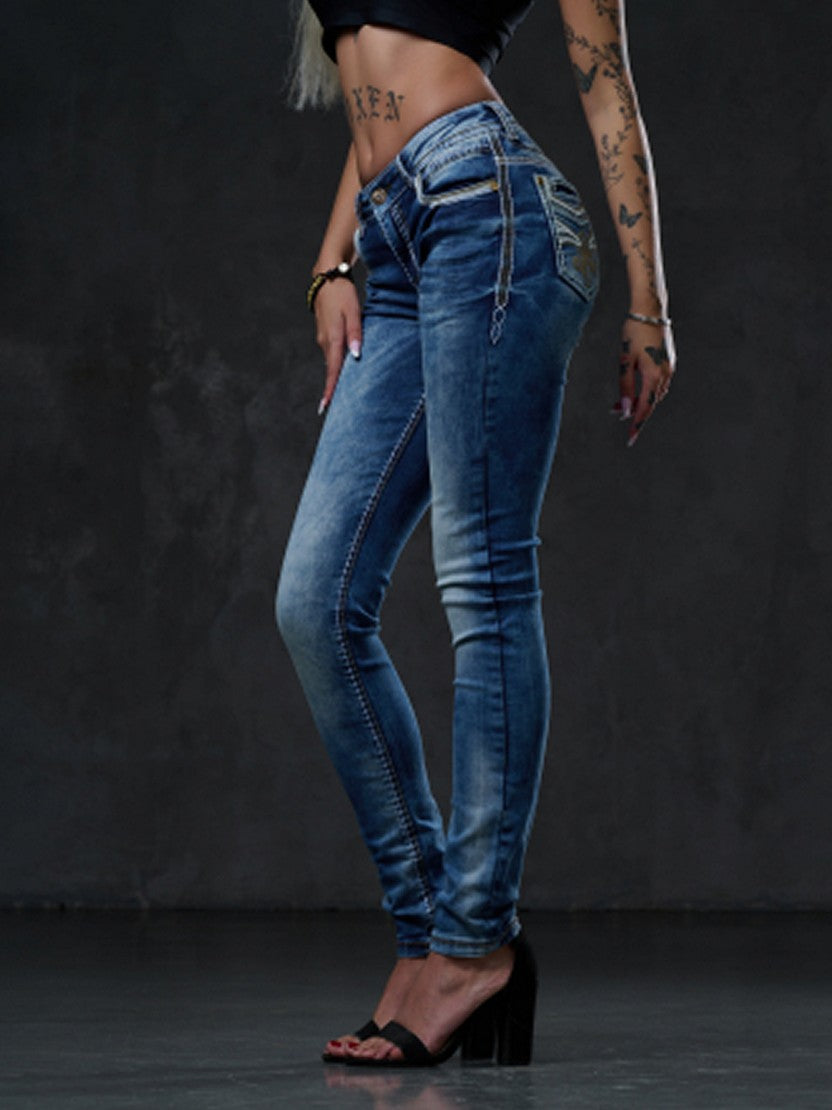 WD343 Skinny Jeans para Mujer con Bordados