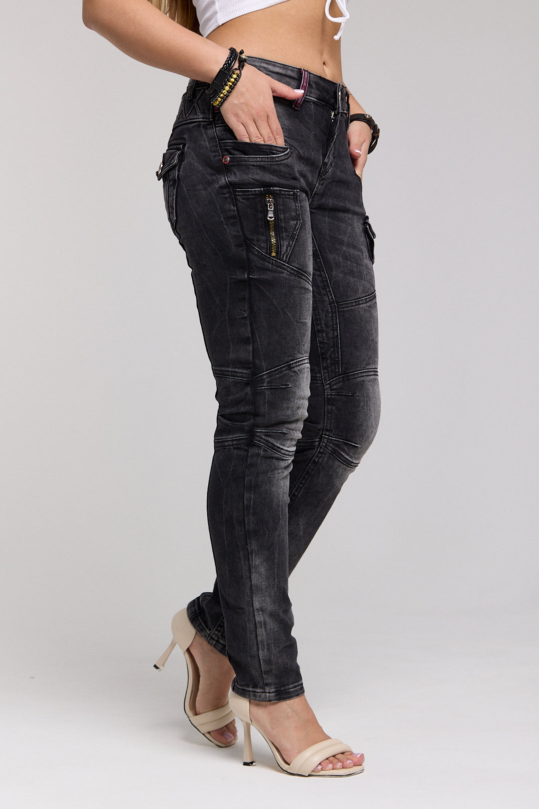 WD358 Comfortabele Dames Jeans met modieuze decoratieve Stiksels