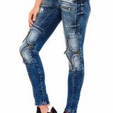 WD377 Jeans de tube féminin avec de nombreuses applications