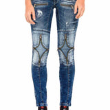WD377 Jeans de tube féminin avec de nombreuses applications
