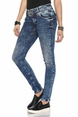 WD379 Damen Slim-Fit-Jeans mit coolem Doppel-Bund in Skinny Fit